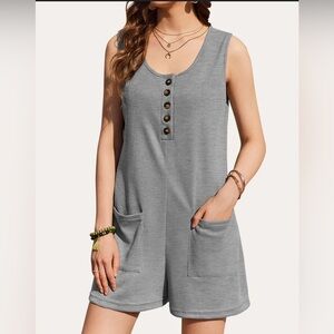Waffle knit  Gray Button-Front Sleeveless Romper